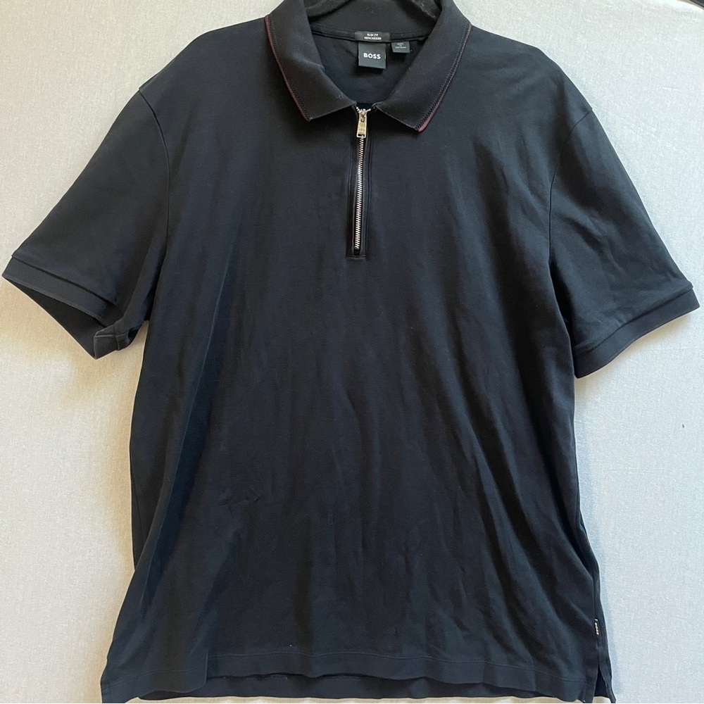 BOSS Men's Black 1/2 zip Cotton Polo Shirt Sz XXL
